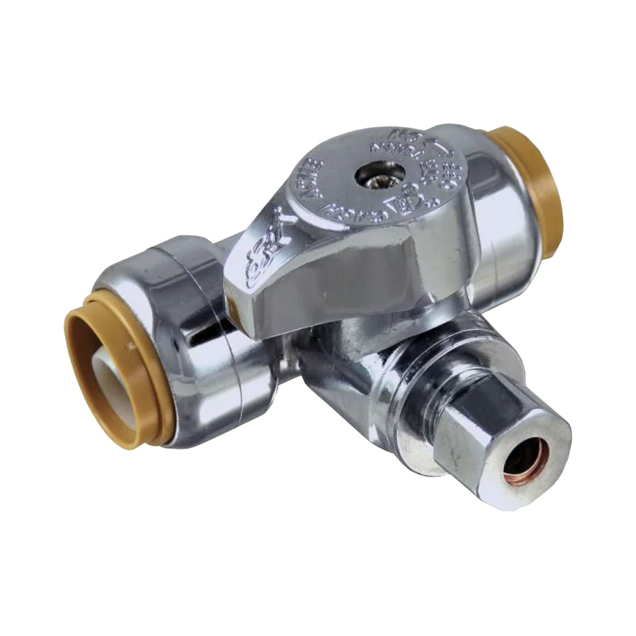 The Go Build 1/2 in. Push-to-Connect x 1/2 in. Push-to-Connect x 1/4 in. Compression Brass Service Stop Tee (chrome-plated) features a T-shaped handle and is compatible with SharkBite fittings for easy water flow control installation.